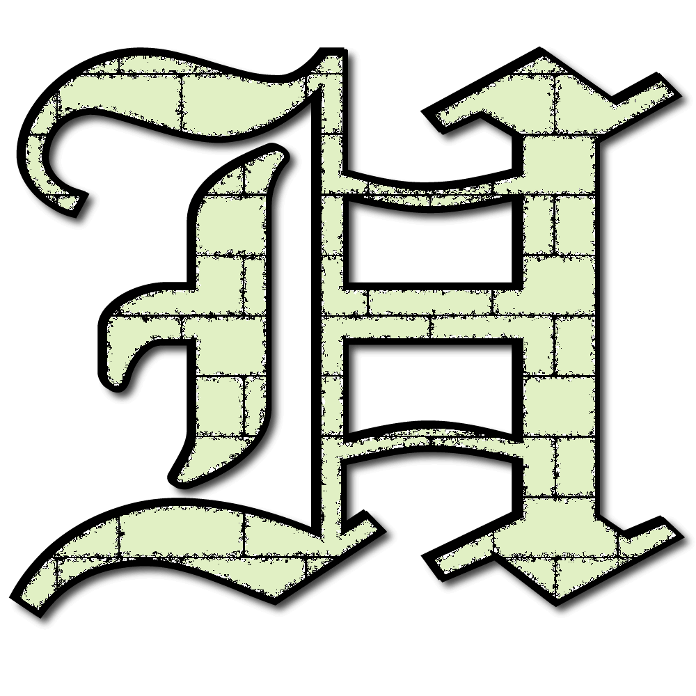House of Friends' Logo: a gothic script letter 'H' with a textured brick pattern inside the letter.